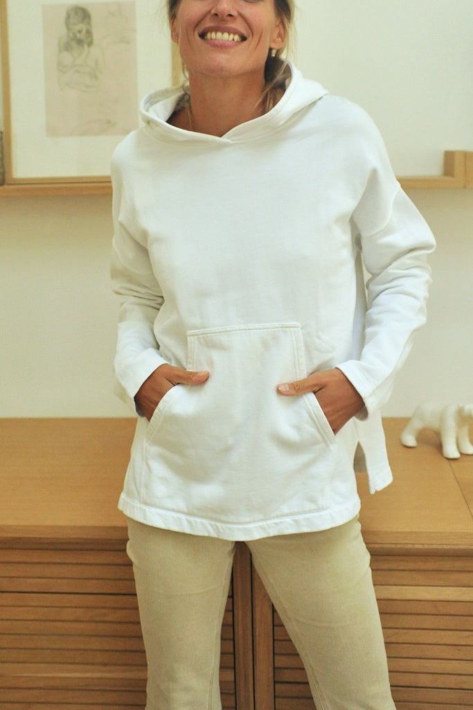 Sweat capuche femme coton bio certifié GOTS hoodie en molleton bio oversize vareuse blanc beige, blanc cassé, beige, écru, blanc pâle