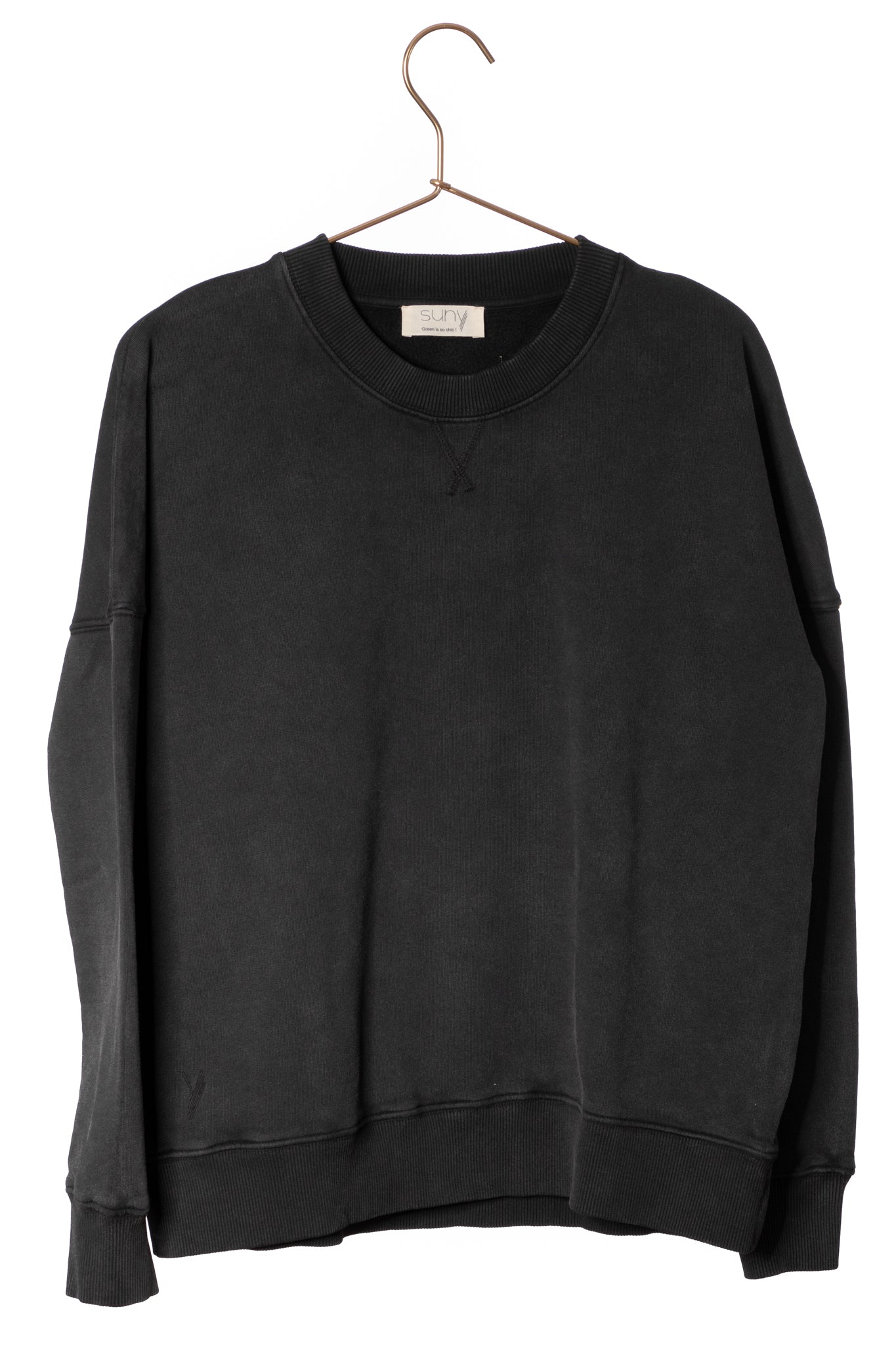 Sweat basique pour femme col rond manche longue manche tombante coton biologique certifié GOTS molleton noir vieilli, noir délavé, noir fade out, noir gris