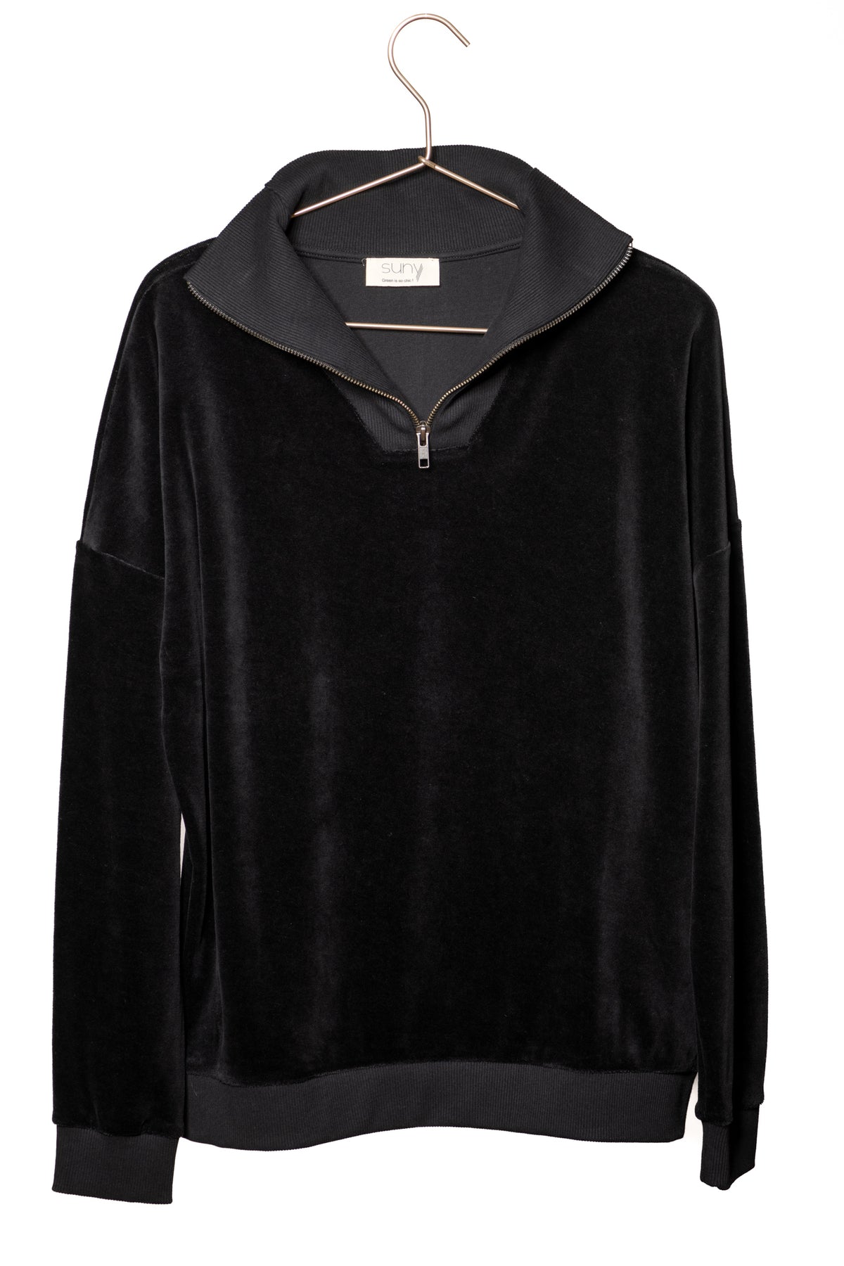 Suny pull camionneur col zippé montant femme velours lisse biologique GOTS noir