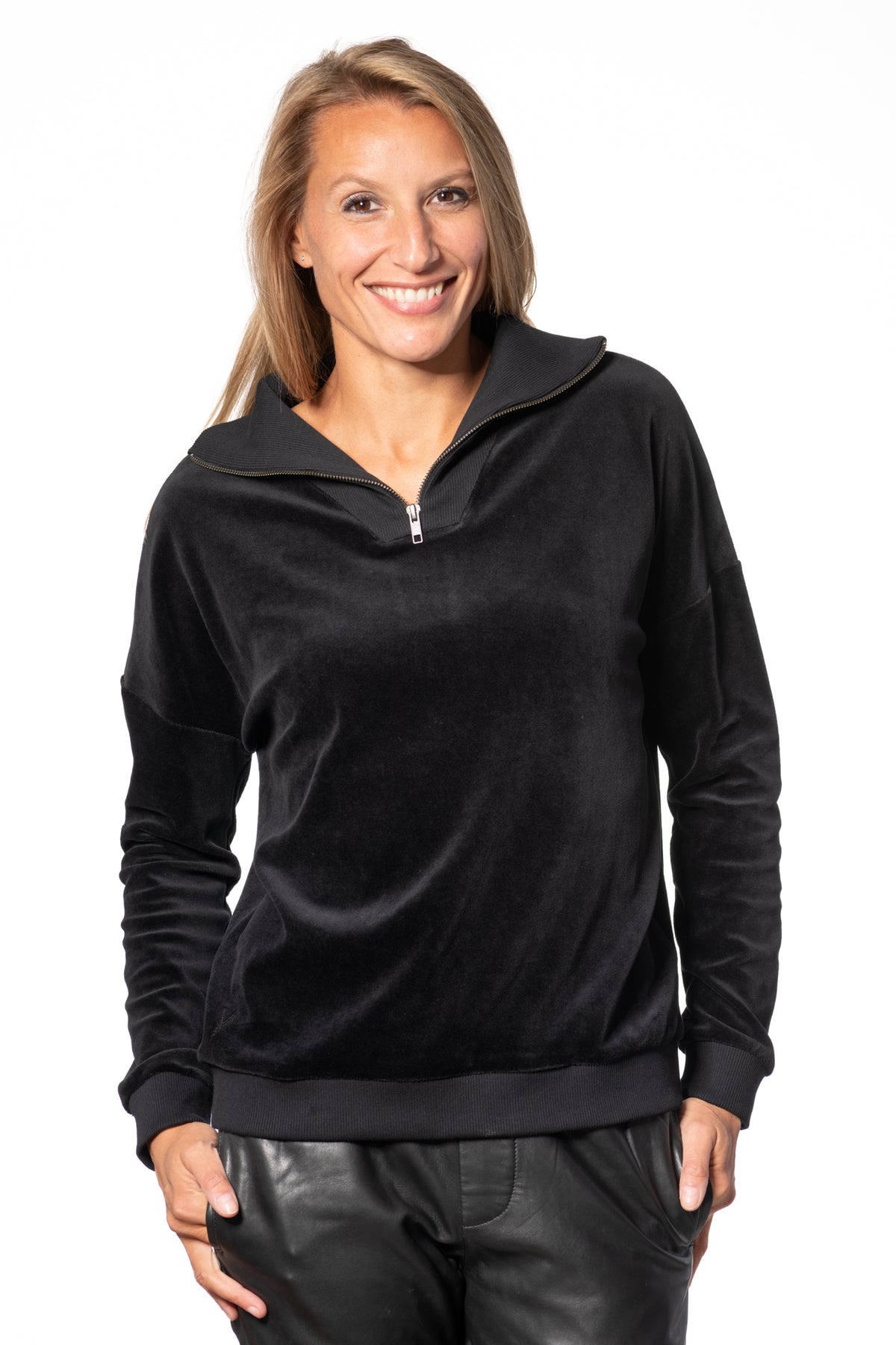 Suny pull camionneur col zippé montant femme velours lisse biologique GOTS noir