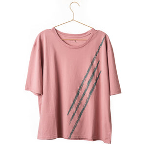 T shirt femme col rond evase manche courte coton bio souple forme loose rose print graphique suny