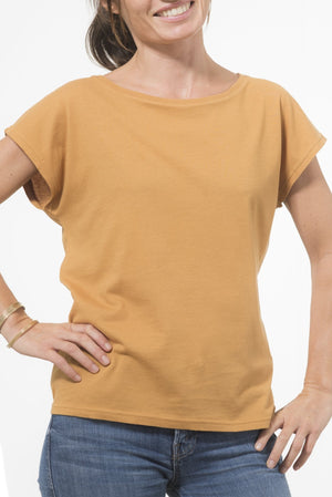 T shirt coton bio eco responsable femme col rond evase manche courte forme ajustée curry uni suny