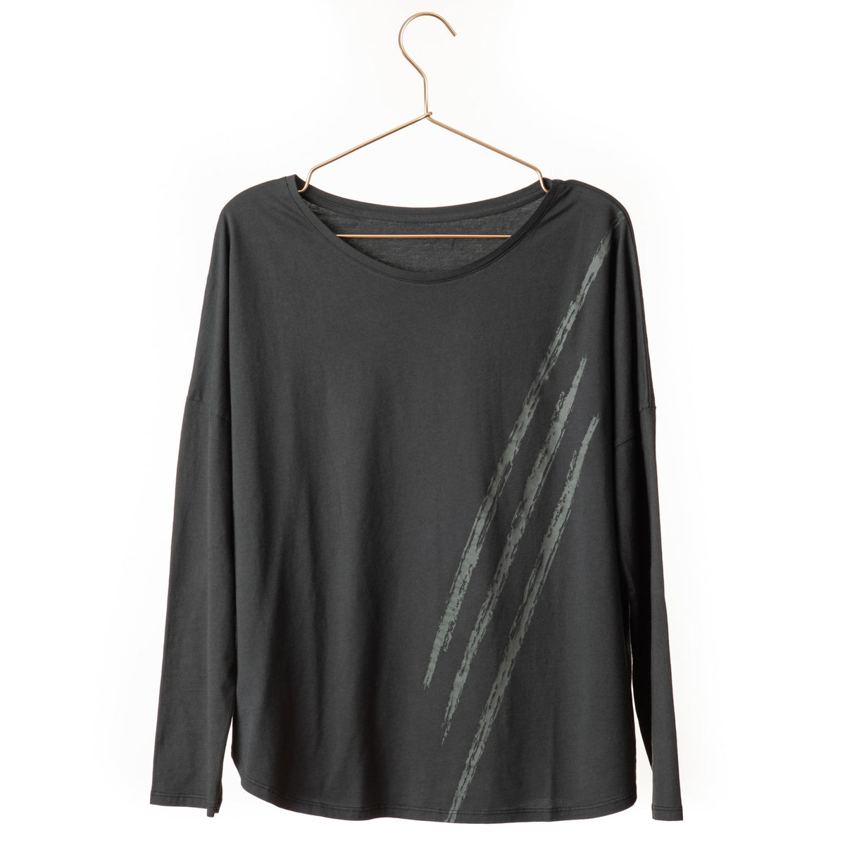  shirt femme col rond evase manche longue coton bio souple forme oversize noir print graphique suny