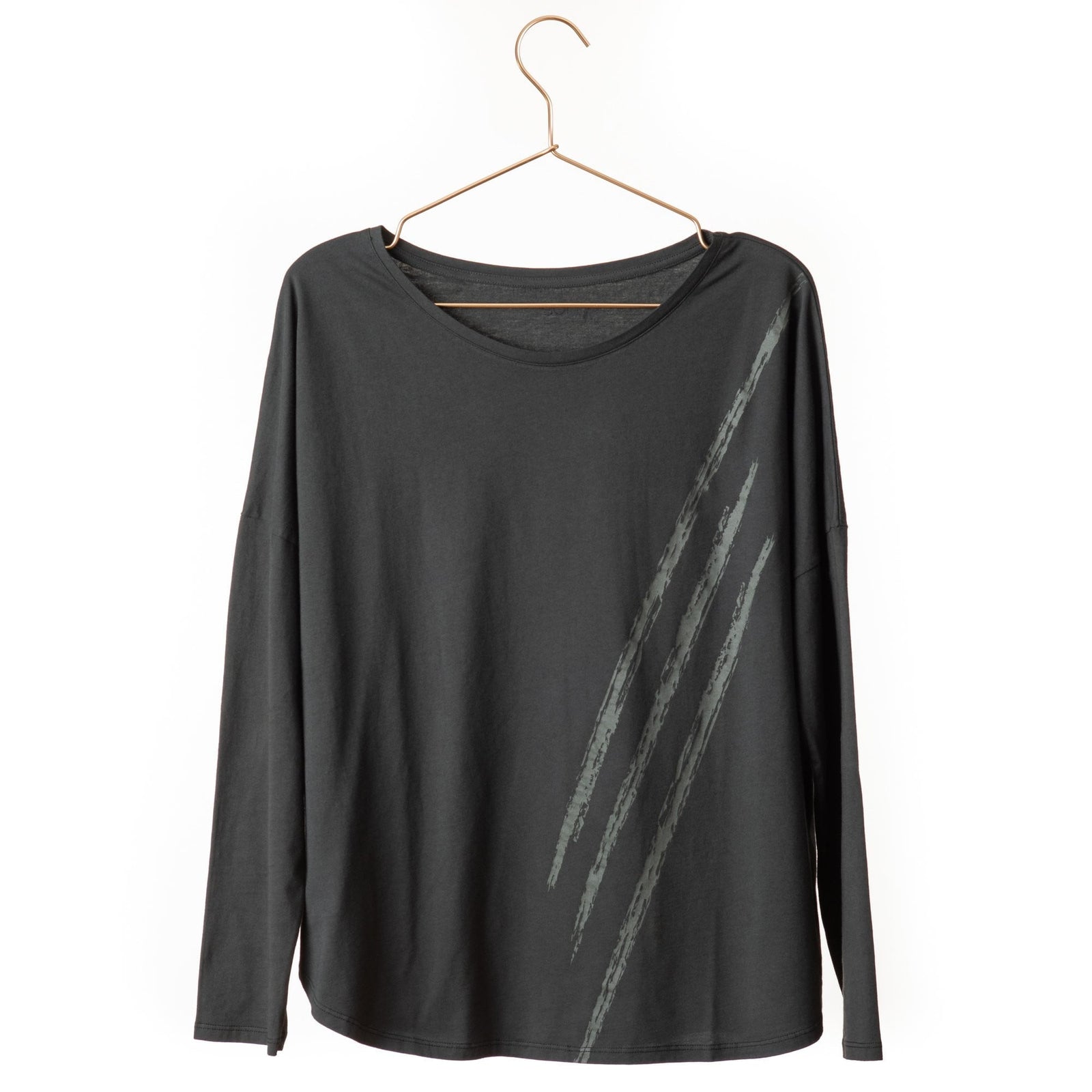  shirt femme col rond evase manche longue coton bio souple forme oversize noir print graphique suny