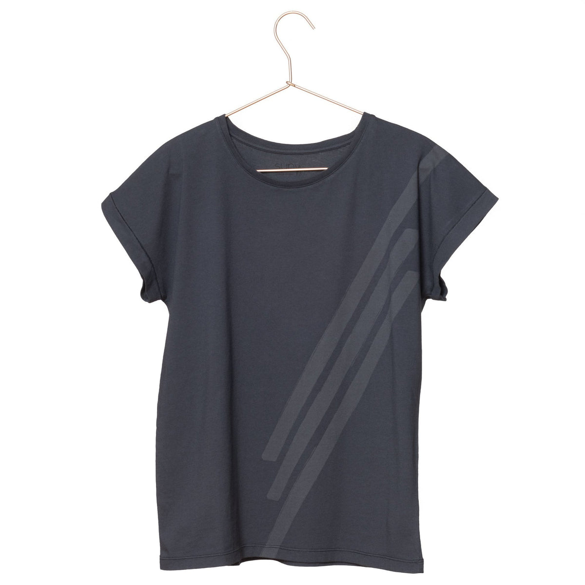 T shirt coton bio eco responsable femme col rond manche courte coupe loose noir bleu print graphique suny