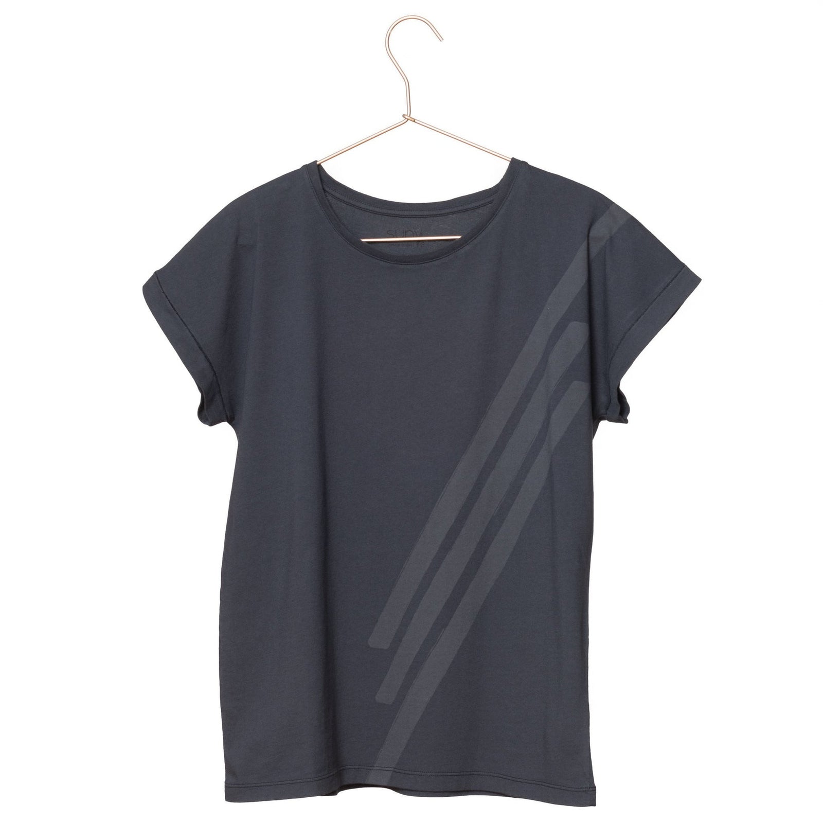 T shirt coton bio eco responsable femme col rond manche courte coupe loose noir bleu print graphique suny