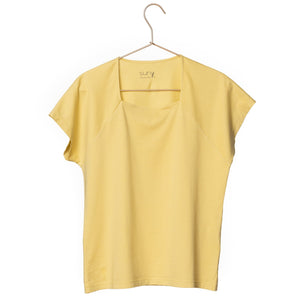 T shirt coton bio eco responsable femme col carré manche courte forme ajustee jaune suny