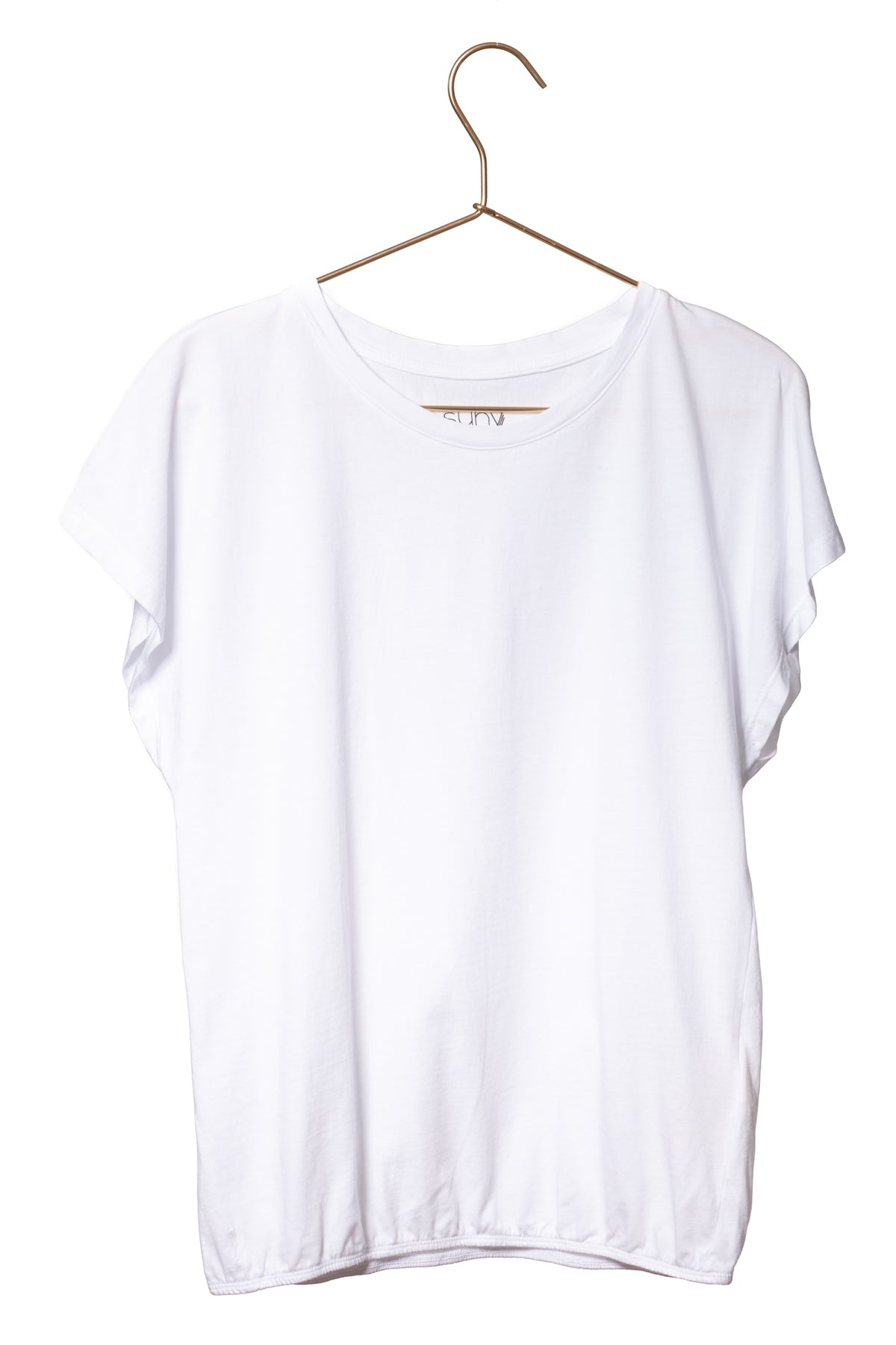 Tee shirt femme manche courte et volante forme droite, blousant et resserré en bas du corps coton bio GOTS, col rond blanc beige, blanc cassé, beige, écru, blanc pâle