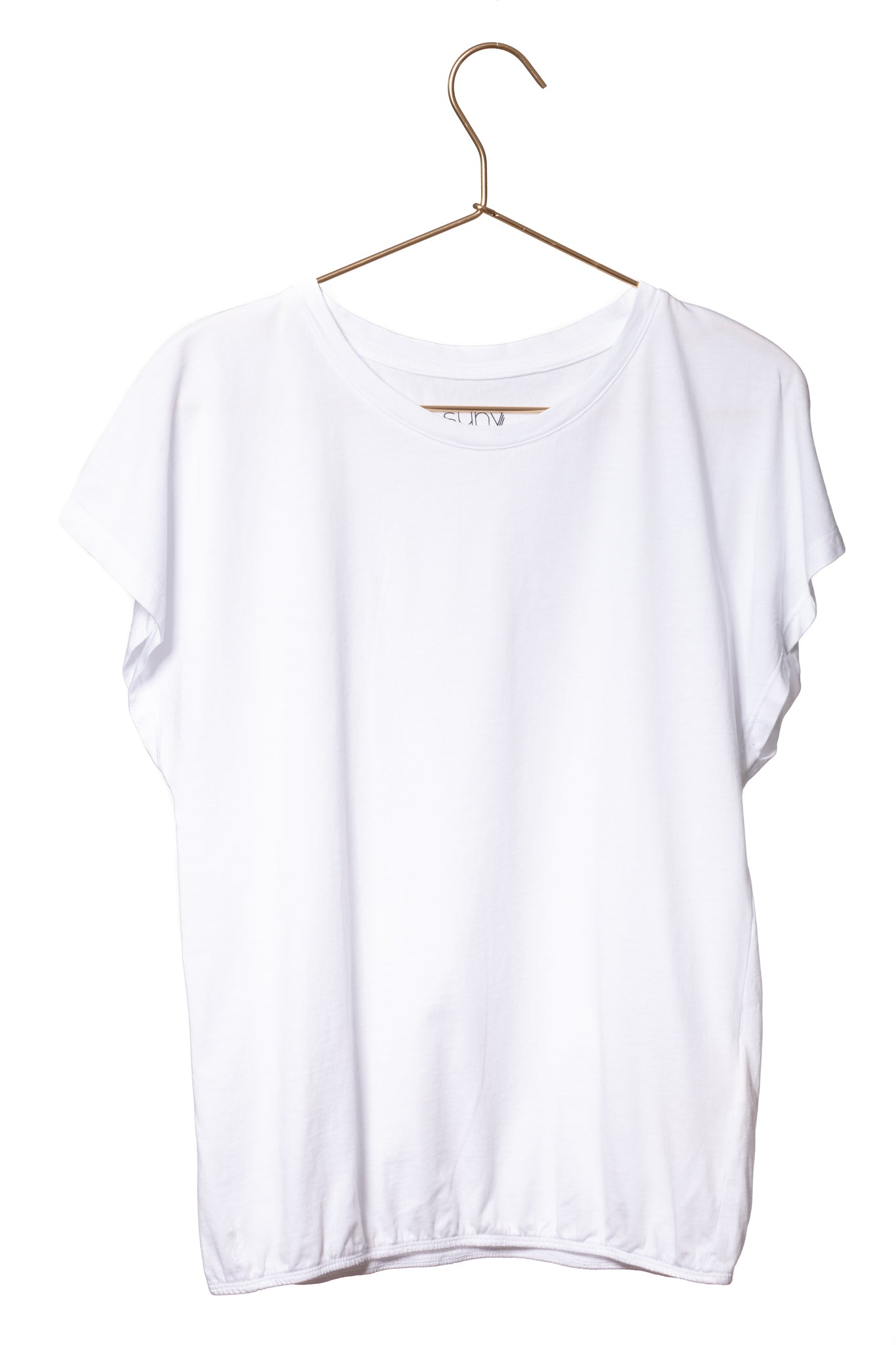 Tee shirt femme manche courte et volante forme droite, blousant et resserré en bas du corps coton bio GOTS, col rond blanc beige, blanc cassé, beige, écru, blanc pâle