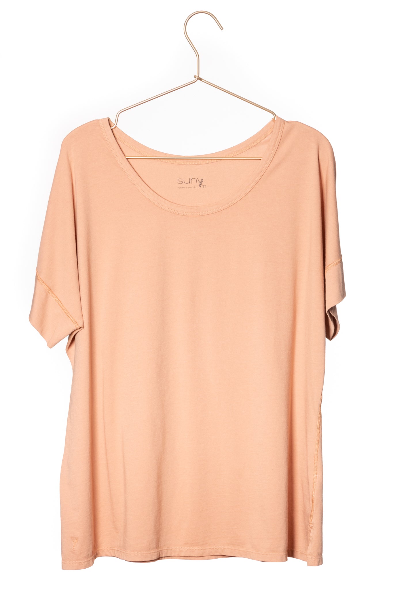 Tee shirt femme manche courte au coude ample et oversize, fente en bas de corps en coton bio GOTS, col arrondi et évasé rose des sables, rose doux, rose corail, rose brun, rose Thee 