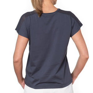 T shirt coton bio eco responsable femme col rond manche courte coupe droite meche bleu suny