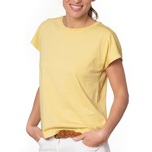 T shirt coton bio eco responsable femme col rond manche courte coupe droite meche jaune suny