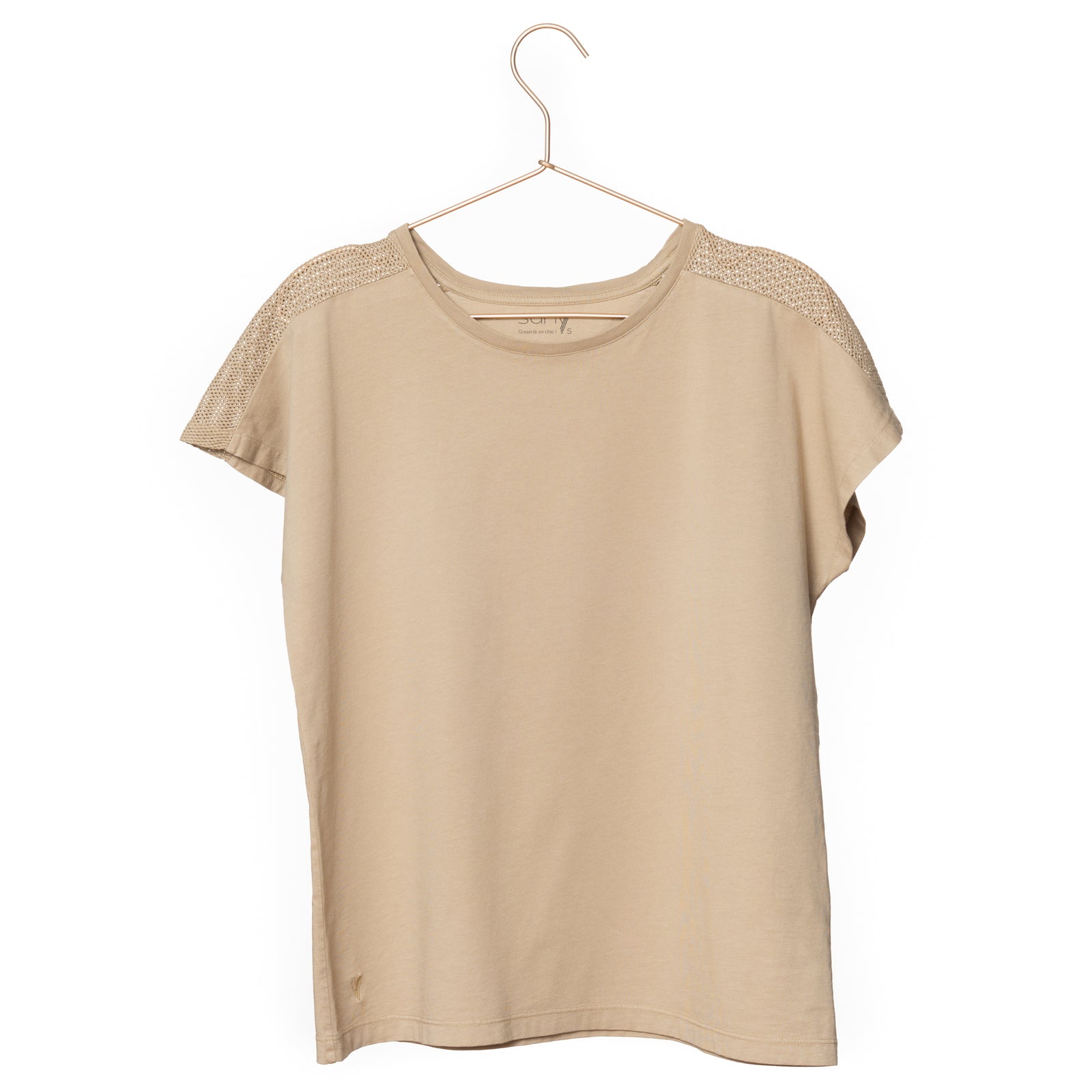 T shirt coton bio eco responsable femme col rond manche courte coupe droite meche sable beige suny
