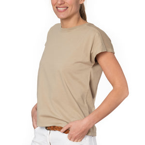 T shirt coton bio eco responsable femme col rond manche courte coupe droite meche sable beige suny