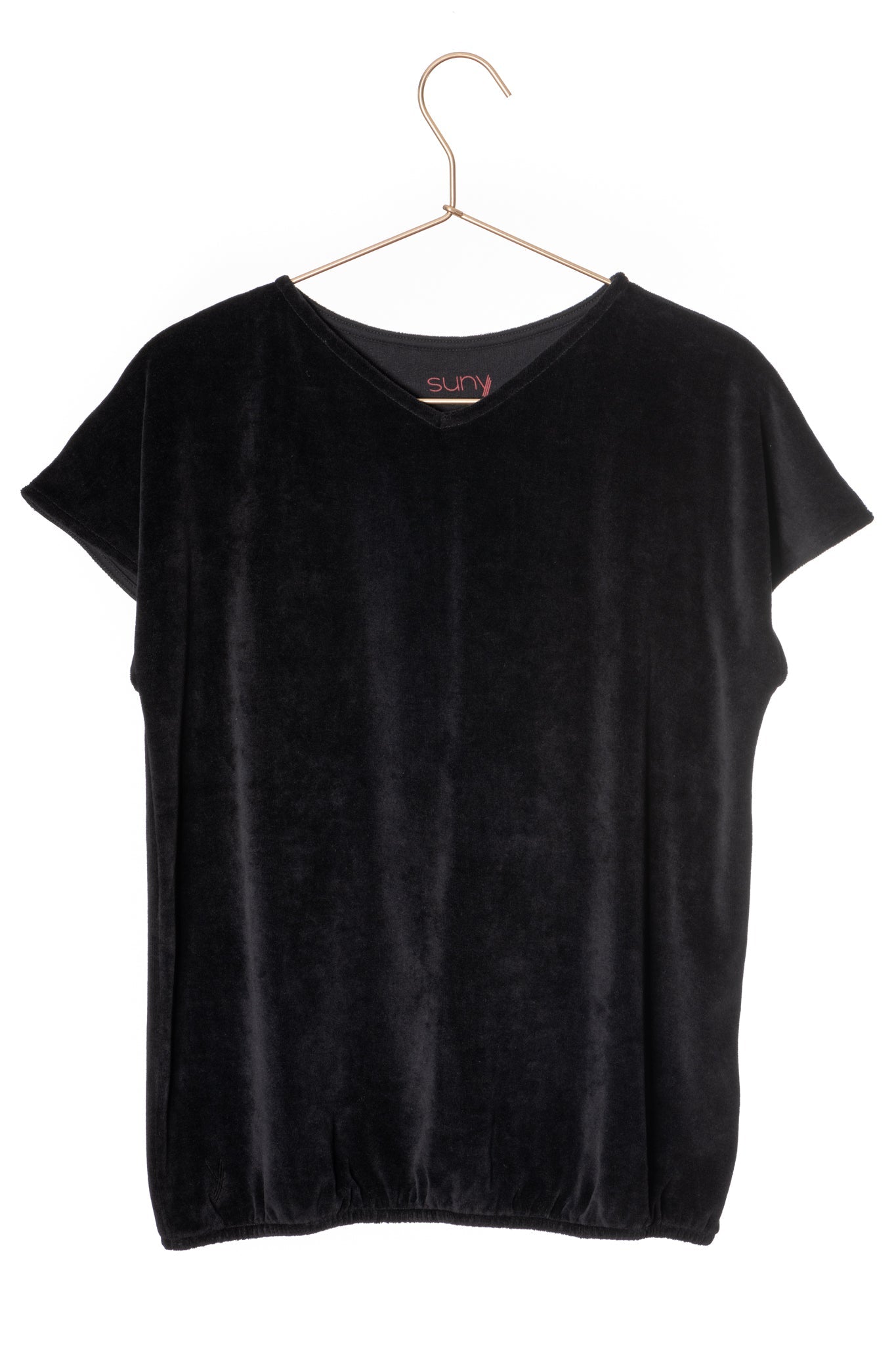 Tee shirt femme à manche courte forme ajustée droite et resserrée en bas de corps, col V Suny en velours bio GOTS et eco responsable noir