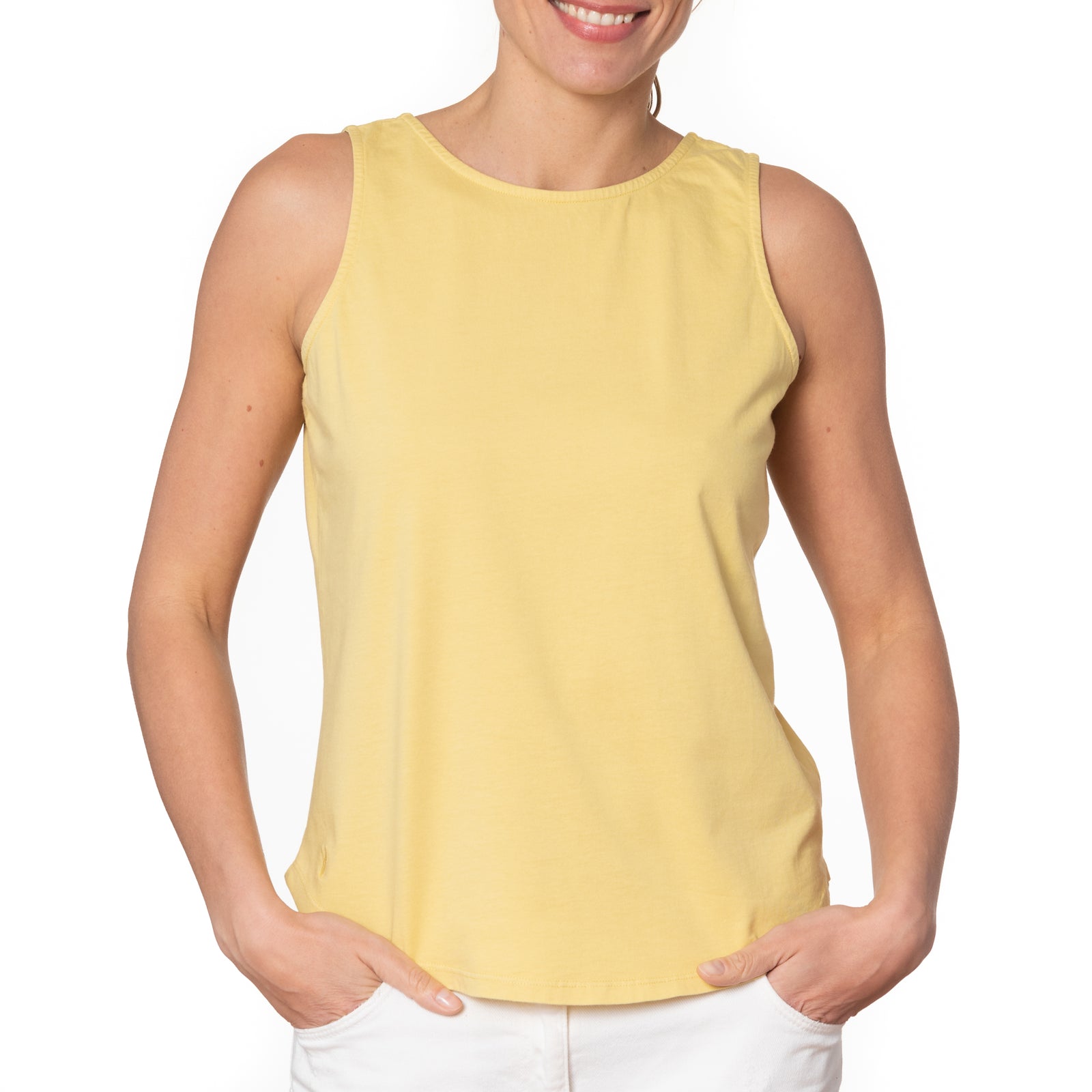 T shirt coton bio eco responsable femme debardeur réversible dos nu coupe ajustée jaune suny