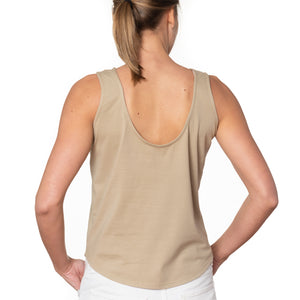 T shirt coton bio eco responsable femme debardeur réversible dos nu coupe ajustée beige suny