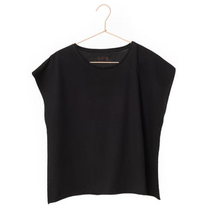 Tee shirt femme manche courte rock court et ample en coton bio GOTS éco responsable sans couture oversize col rond noir, charbon