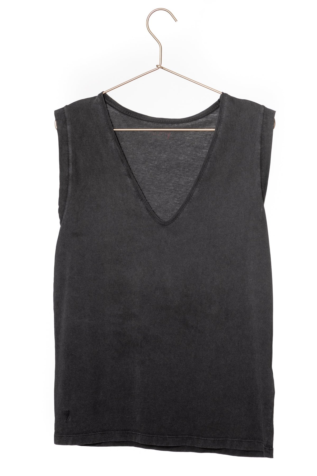 Tee shirt suny femme sans manche débardeur manche courte rock en coton jersey bio GOTS coupe droite, coupe ajustée, col V noir vieilli, noir délavé, noir fade out, noir gris