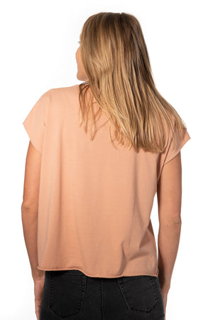 Tee shirt femme manche courte rock court et ample en coton bio GOTS éco responsable sans couture oversize col rond rose des sables, rose doux, rose corail, rose brun, rose orange, vieux rose, rose ancien, rose beige, rose caramel