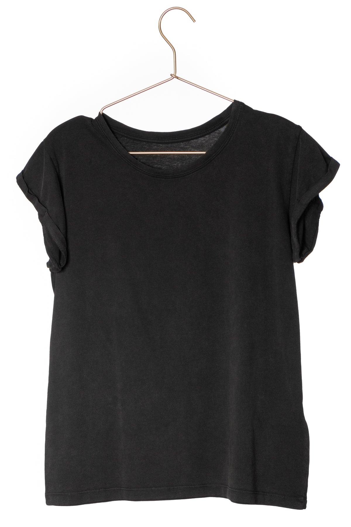 Tee shirt femme à manche courte retournée coupe droite en coton bio certifié GOTS col rond noir vieilli, noir délavé, noir fade out, noir gris