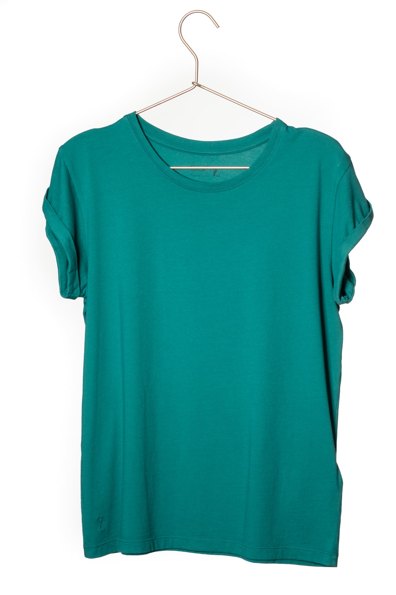 Tee shirt femme à manche courte retournée coupe droite en coton bio certifié GOTS col rond vert émeraude, vert intense, vert lumineux, vert canard, vert bleu, vert vif, vert profond