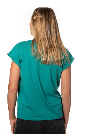Tee shirt femme à manche courte retournée coupe droite en coton bio certifié GOTS col rond vert émeraude, vert intense, vert lumineux, vert canard, vert bleu, vert vif, vert profond
