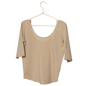 T shirt coton bio eco responsable femme dos nu manche trois quart forme ajustee sable beige suny