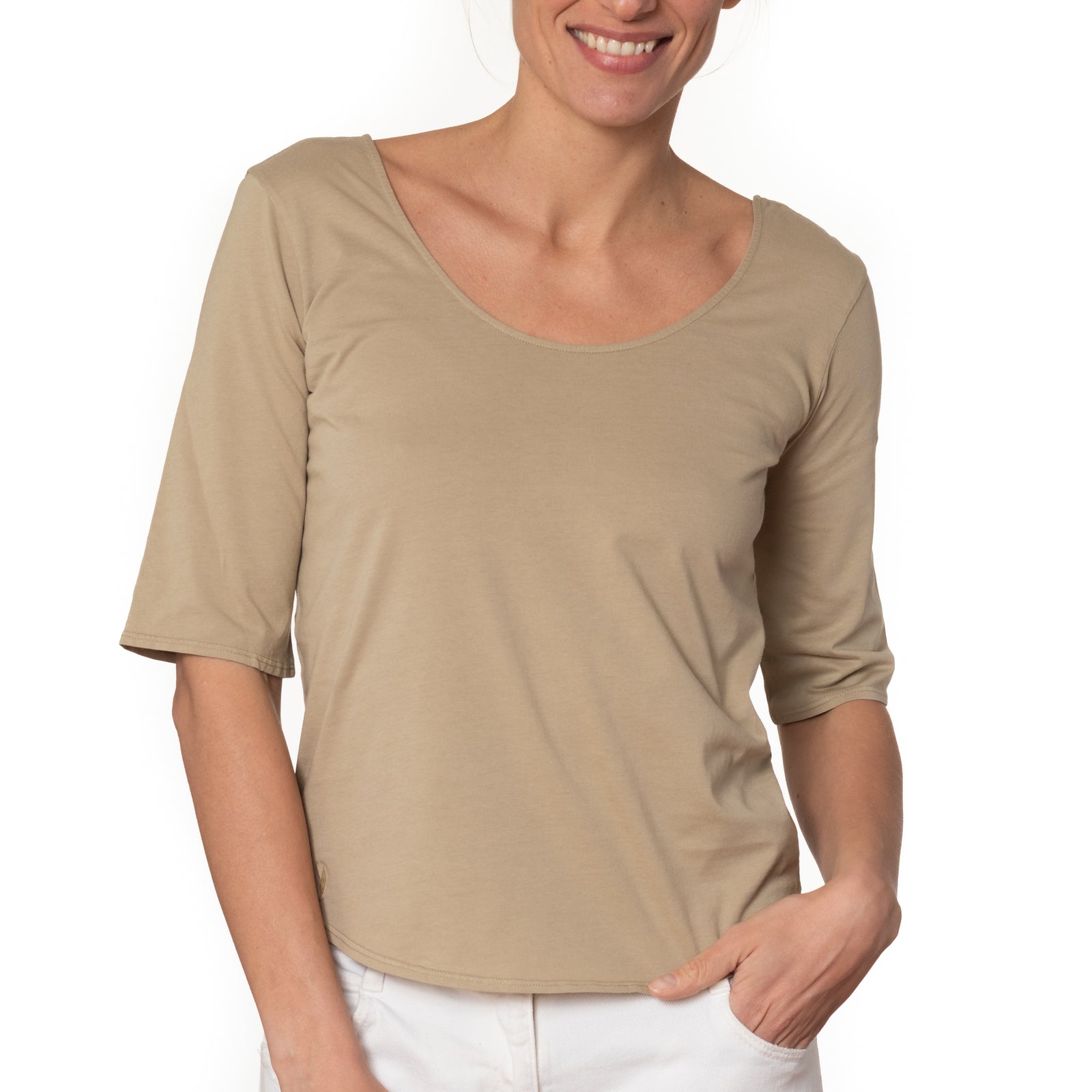 T shirt coton bio eco responsable femme dos nu manche trois quart forme ajustee sable beige suny