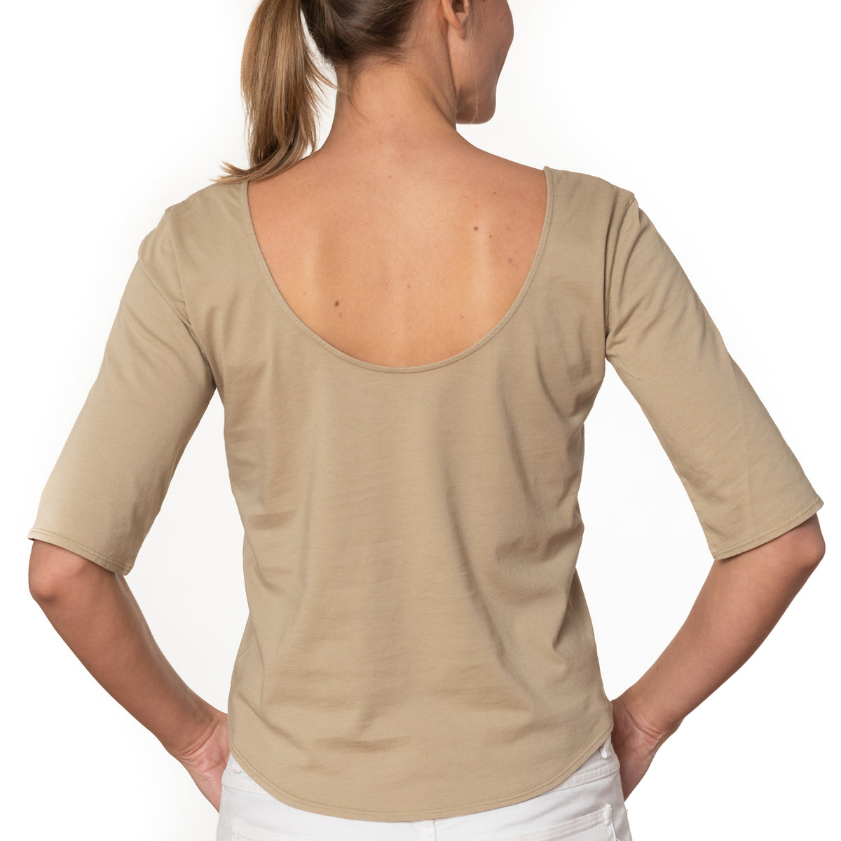 T shirt coton bio eco responsable femme dos nu manche trois quart forme ajustee sable beige suny