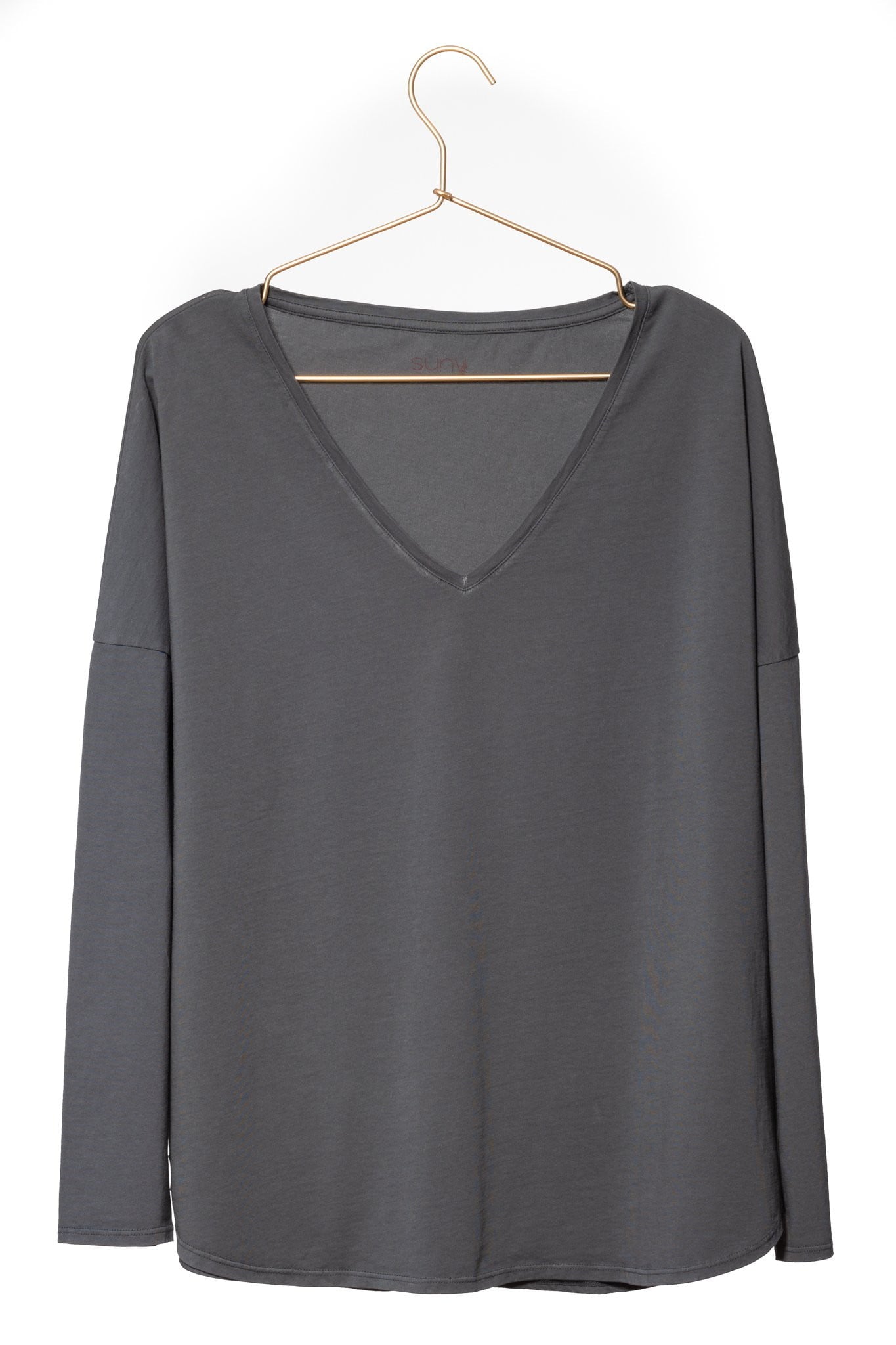 T shirt femme col V manche longue coton bio souple forme oversize anthracite uni wide suny V
