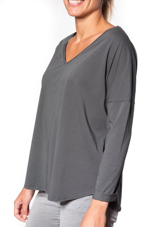 T shirt femme col V manche longue coton bio souple forme oversize anthracite uni wide suny V