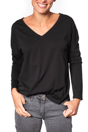 T shirt femme col V manche longue coton bio souple forme oversize noir