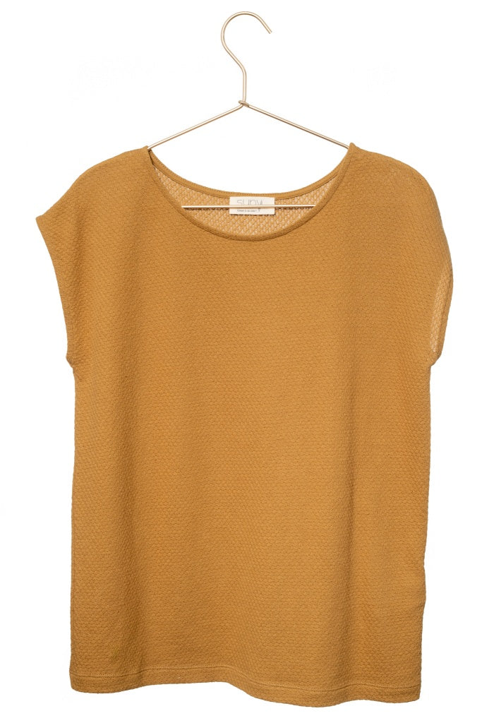 T shirt suny femme manche courte coupe droite uni coton bio col rond évasé certifié GOTS fabrication locale havane, tabac, marron