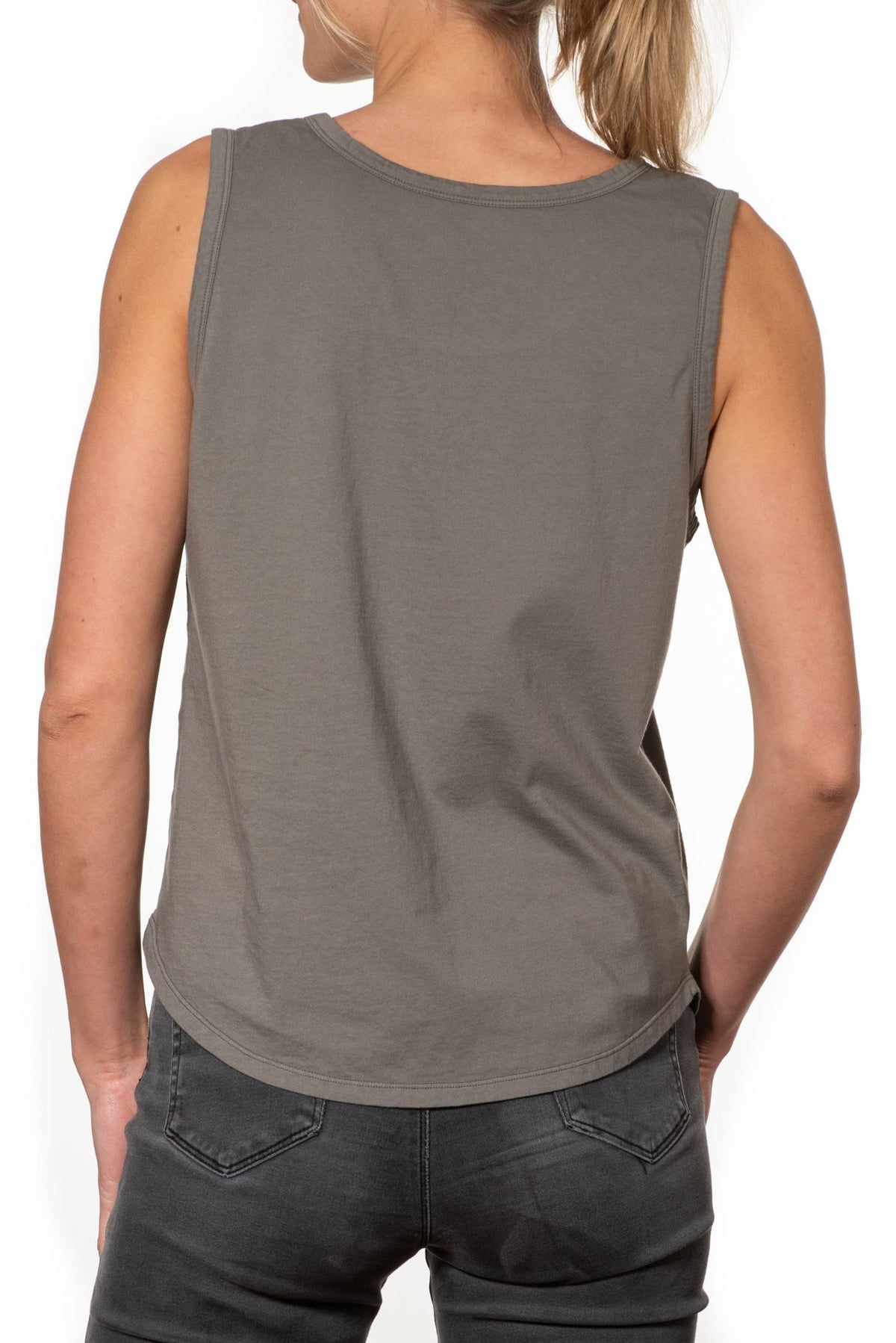 T shirt coton bio eco responsable femme debardeur col rond evase forme ajustée gris kaki marcel suny