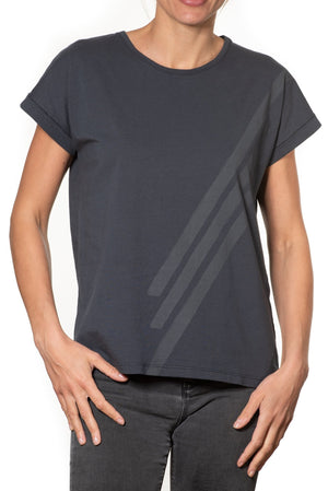 T shirt coton bio eco responsable femme col rond manche courte coupe loose noir bleu print graphique suny