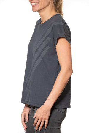 T shirt coton bio eco responsable femme col rond manche courte coupe loose noir bleu print graphique suny