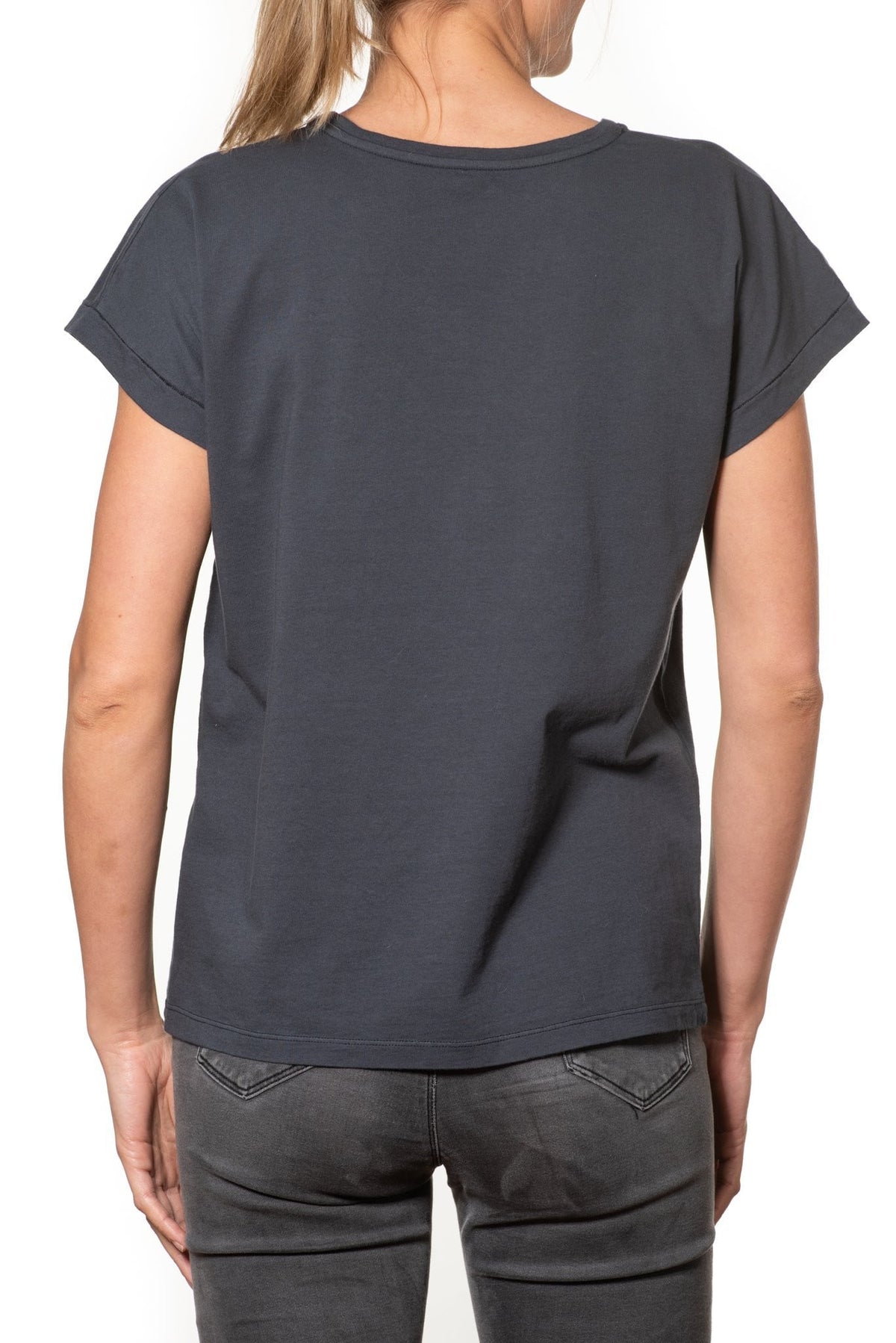 T shirt coton bio eco responsable femme col rond manche courte coupe loose noir bleu print graphique suny